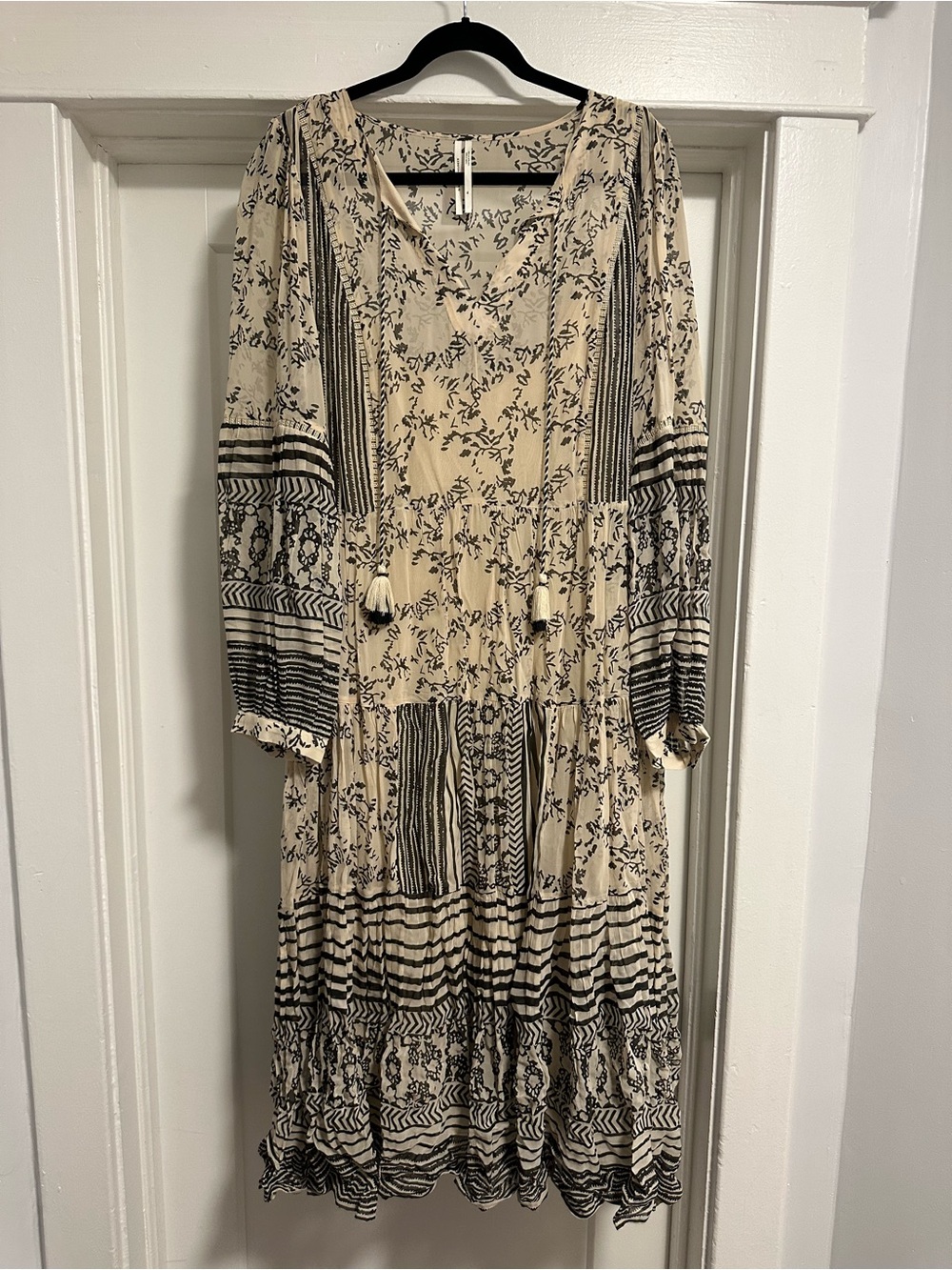 Anthropologie Cream and Black Printed Tiered Long-Sleeve Dress